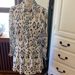 Zara Ivory Printed Button-Up Shirt Dress with Green & Navy Ikat Pattern